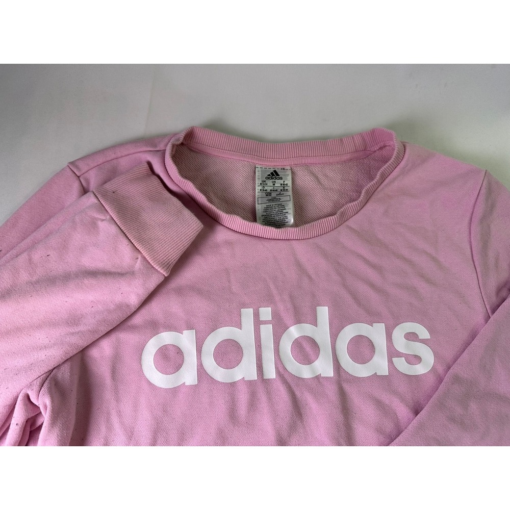 Adidas Women's Medium Pink Crewneck Sweatshirt White Spellout Logo Pullover